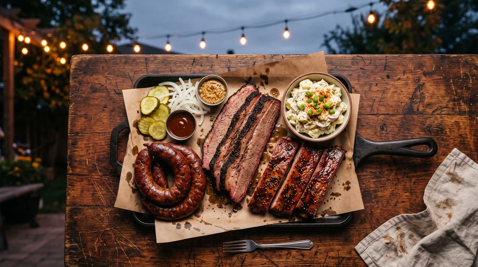 A cast iron platter of sliced smoked brisket, ribs, sausage, and potato salad on butcher paper under string lights