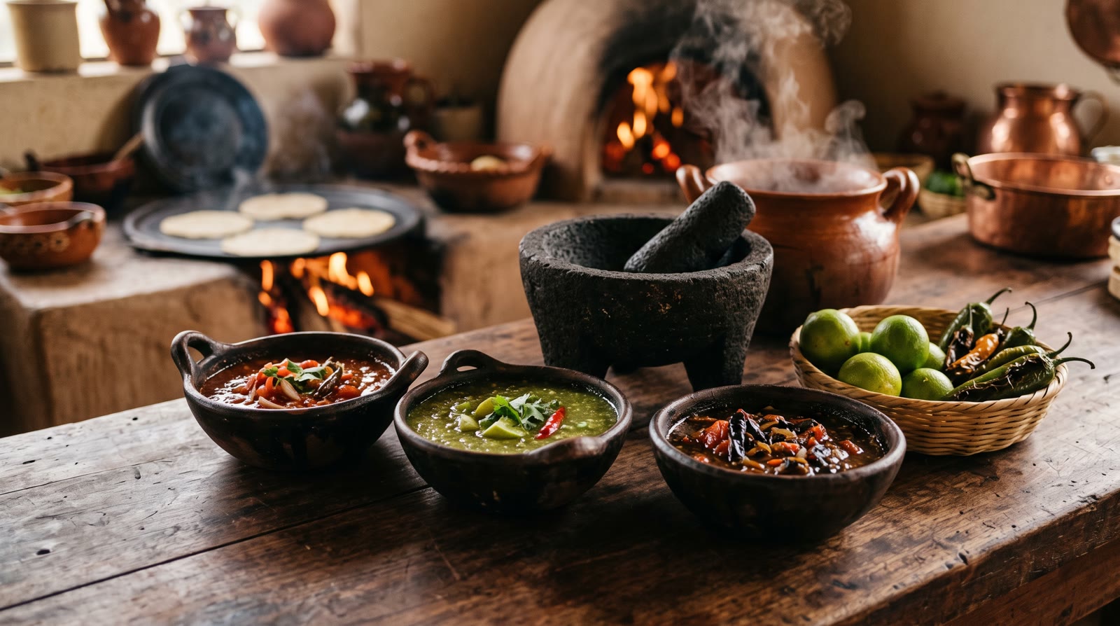 Three salsas in small bowls beside a stone molcajete
