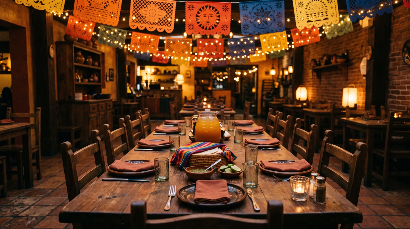 A long wooden table set for a family dinner with clay plates, an agua fresca pitcher and papel picado banners overhead